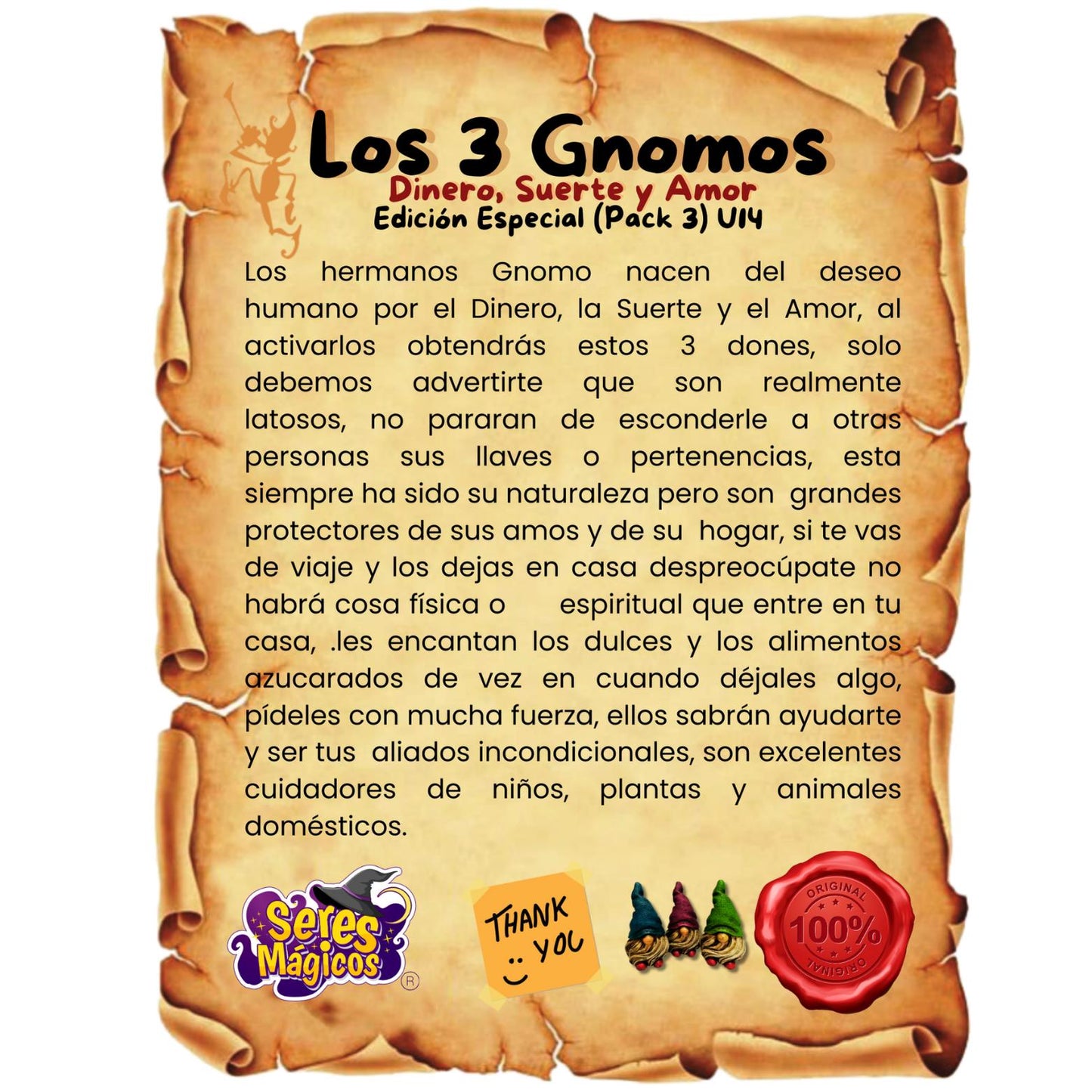 Elfos Duendes Gnomos del Dinero, Suerte & el Amor Los 3 Gnomos Seres Mágicos Coleccionables