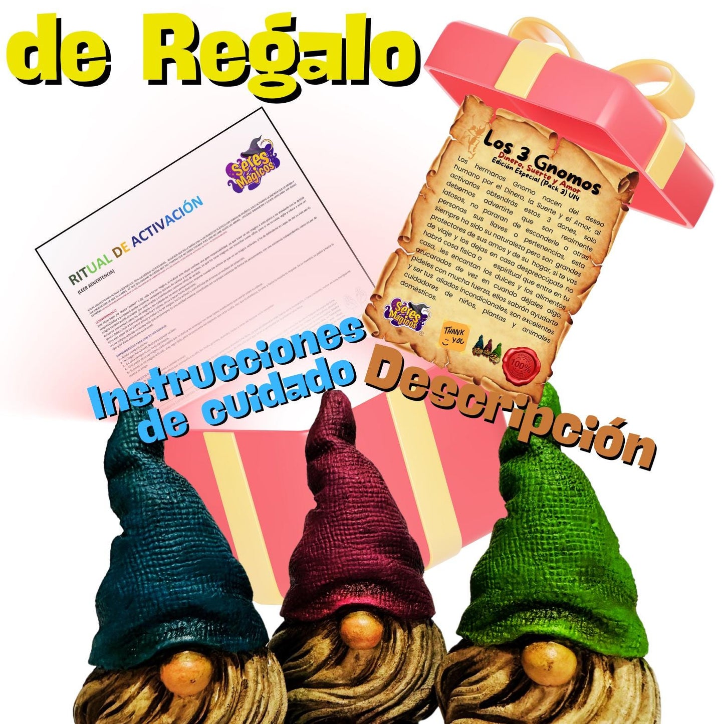 Elfos Duendes Gnomos del Dinero, Suerte & el Amor Los 3 Gnomos Seres Mágicos Coleccionables