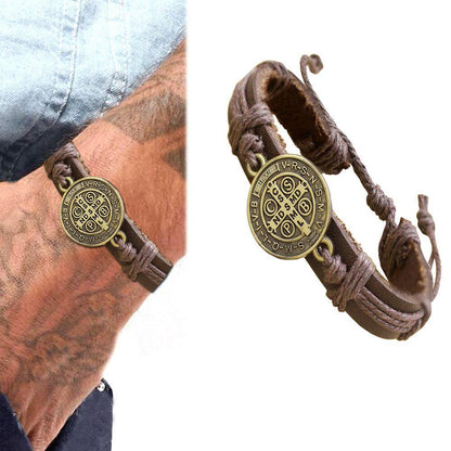 Pulsera de Cuero para Hombre Diseño Único Protección de Males y Envidias Poderoso Amuleto Ajustable (Pulsera Bendita)